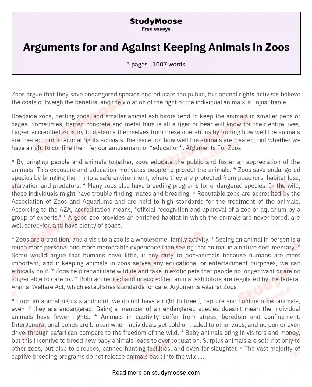 Arguments for and Against Keeping Animals in Zoos - Free Essay Example