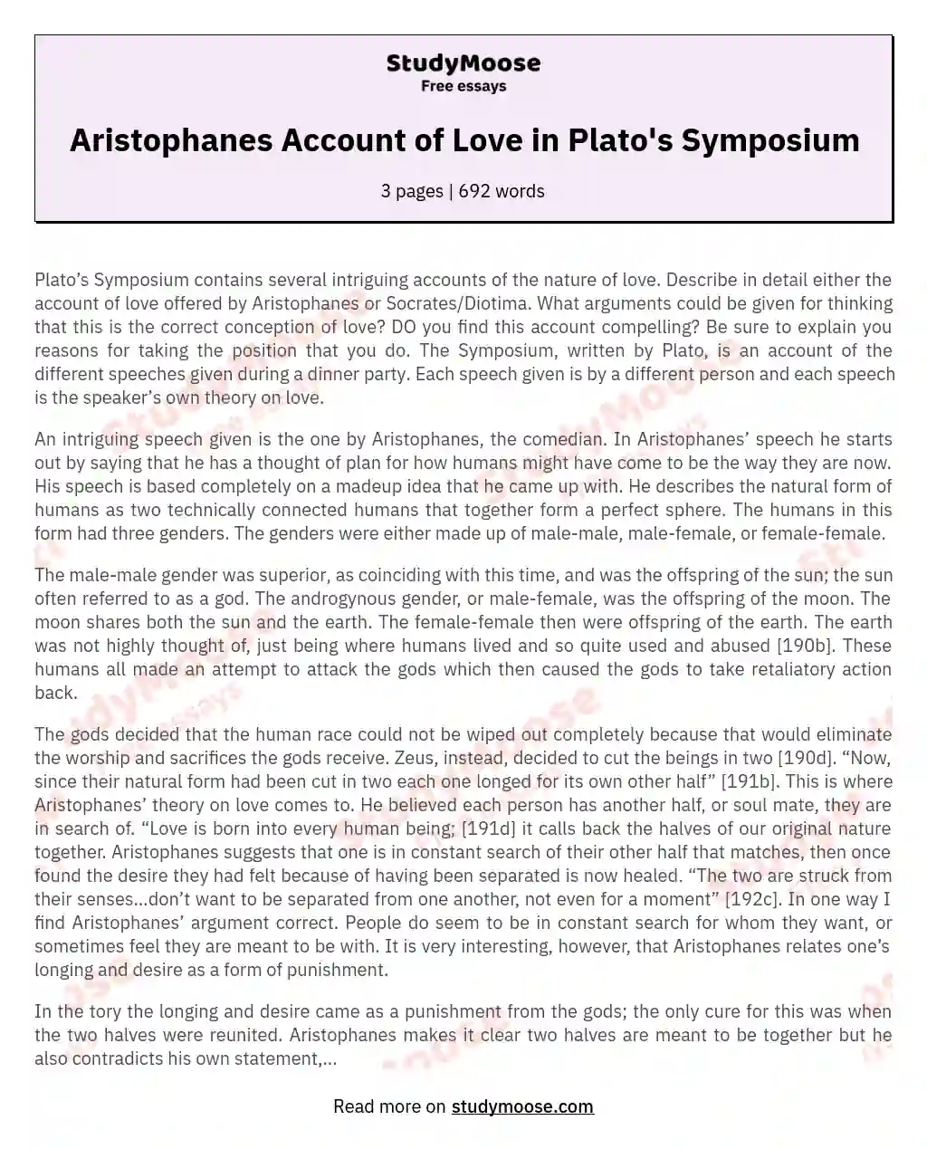 Aristophanes Account of Love in Plato's Symposium essay