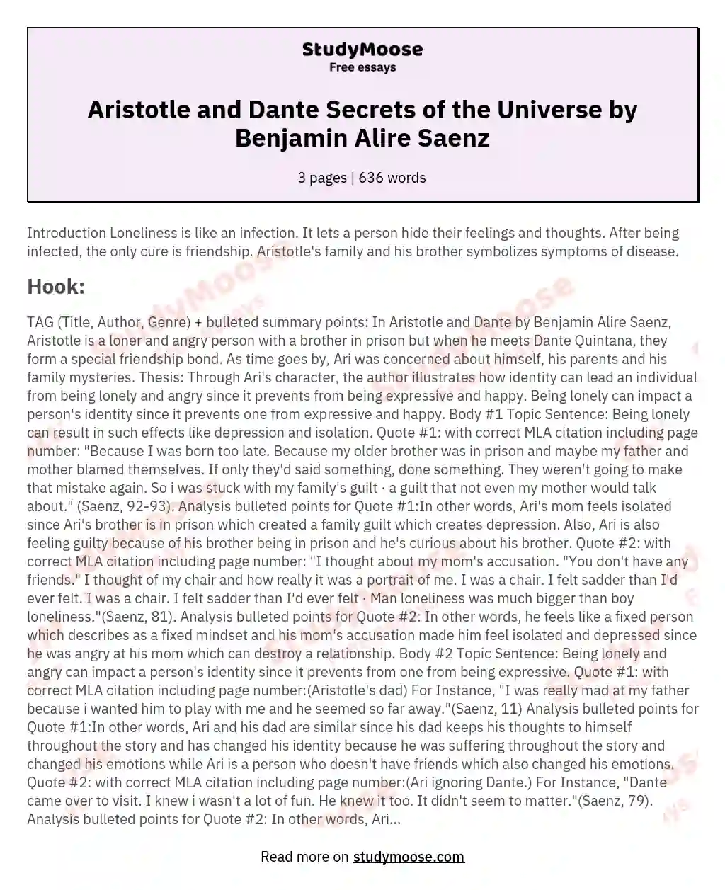 Aristotle and Dante Secrets of the Universe by Benjamin Alire Saenz essay