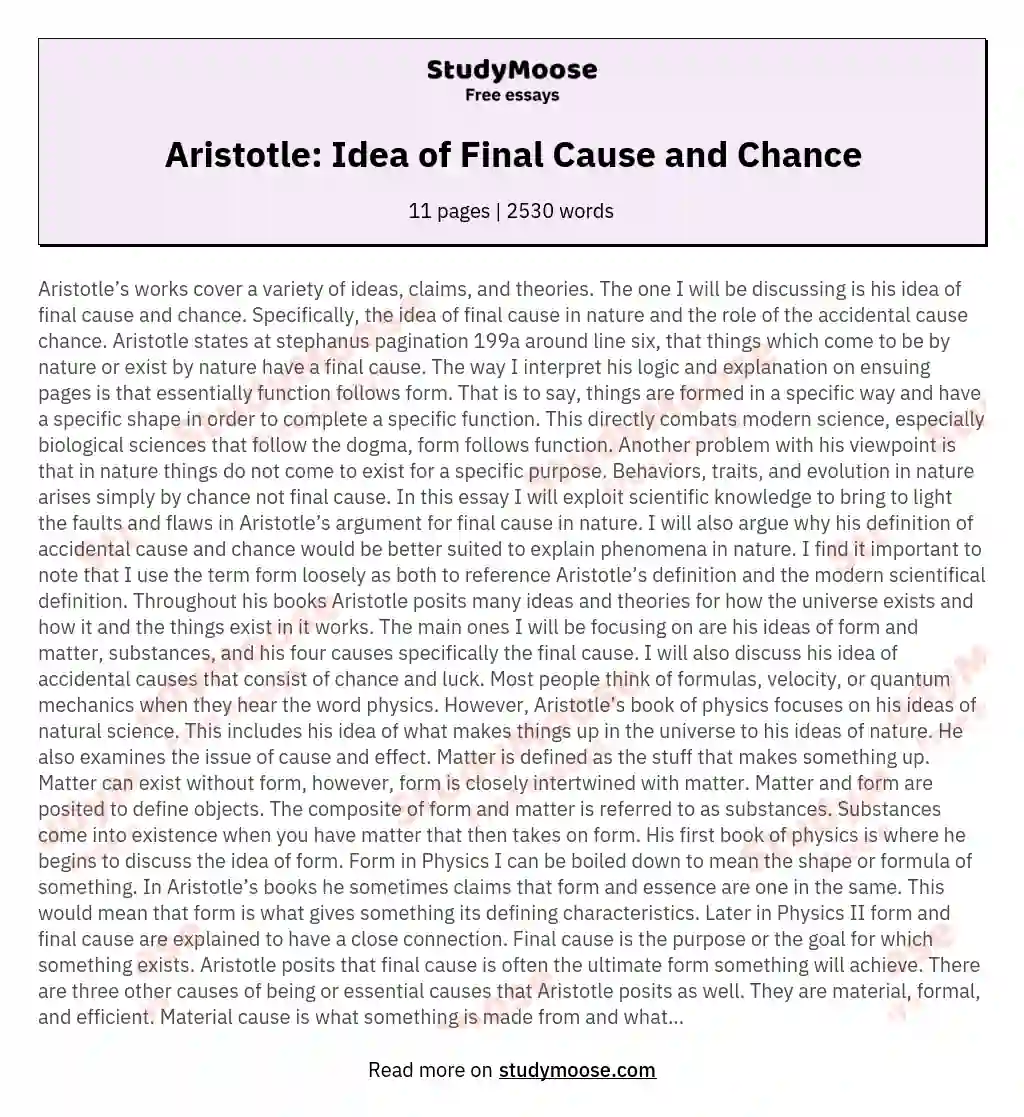 Aristotle: Idea of Final Cause and Chance essay