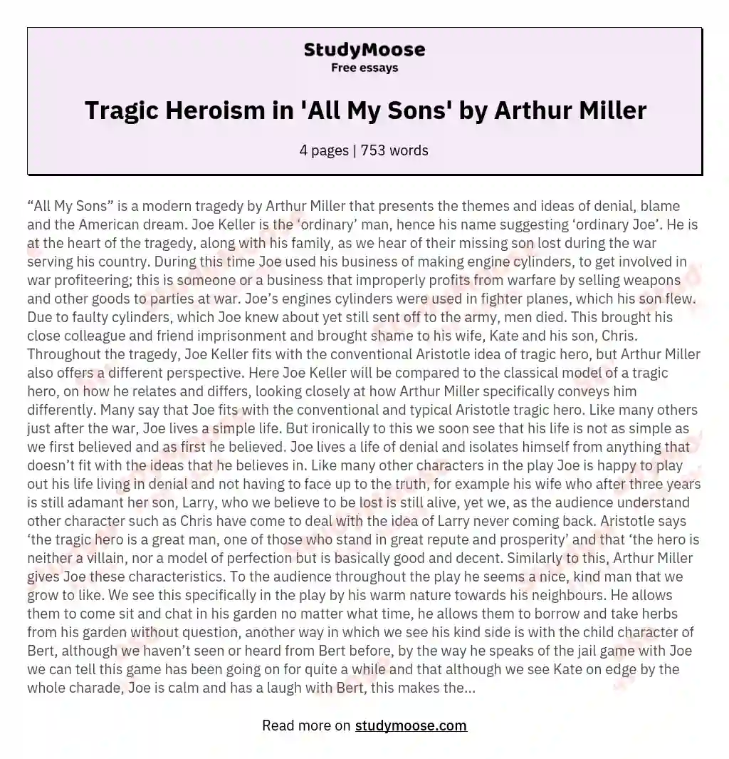 Tragic Heroism in 'All My Sons' by Arthur Miller essay