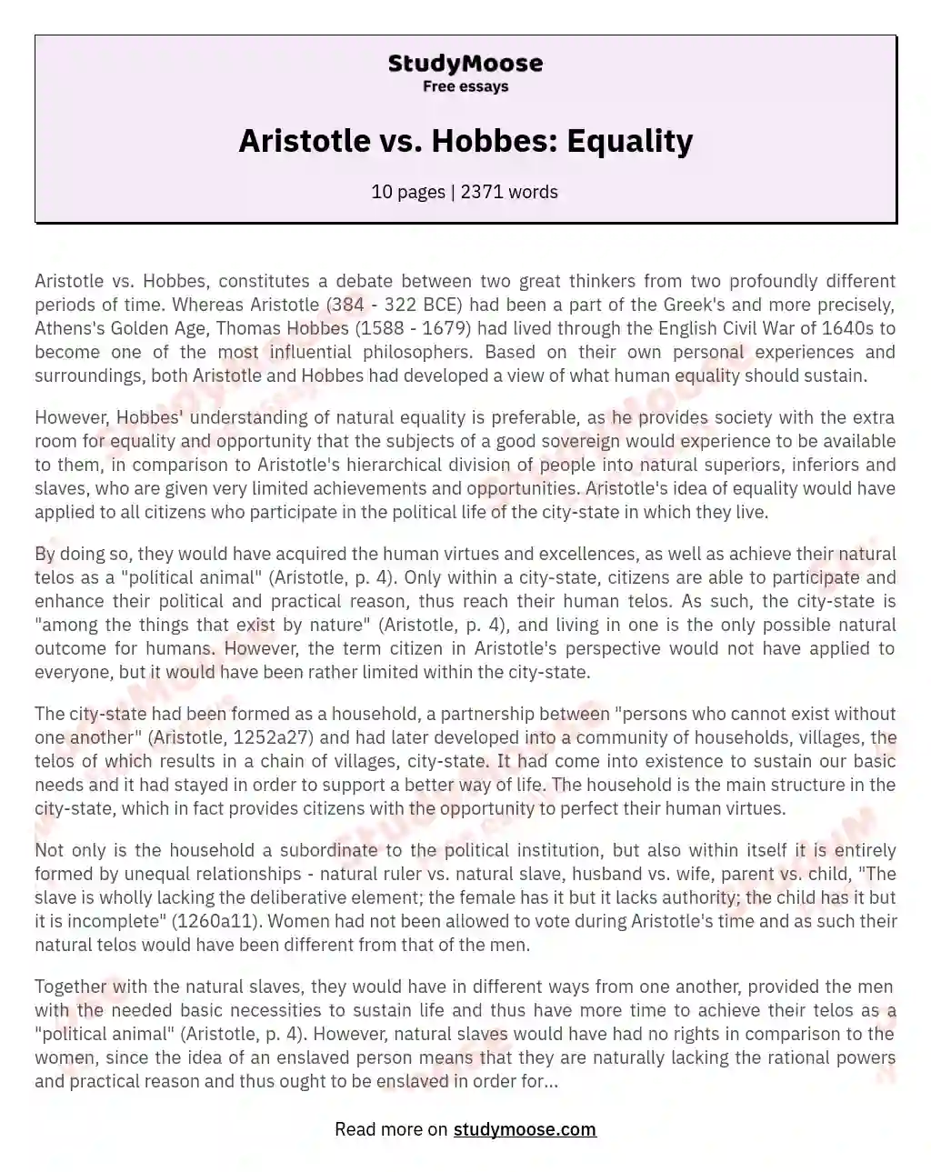 Aristotle vs. Hobbes: Equality in Society essay