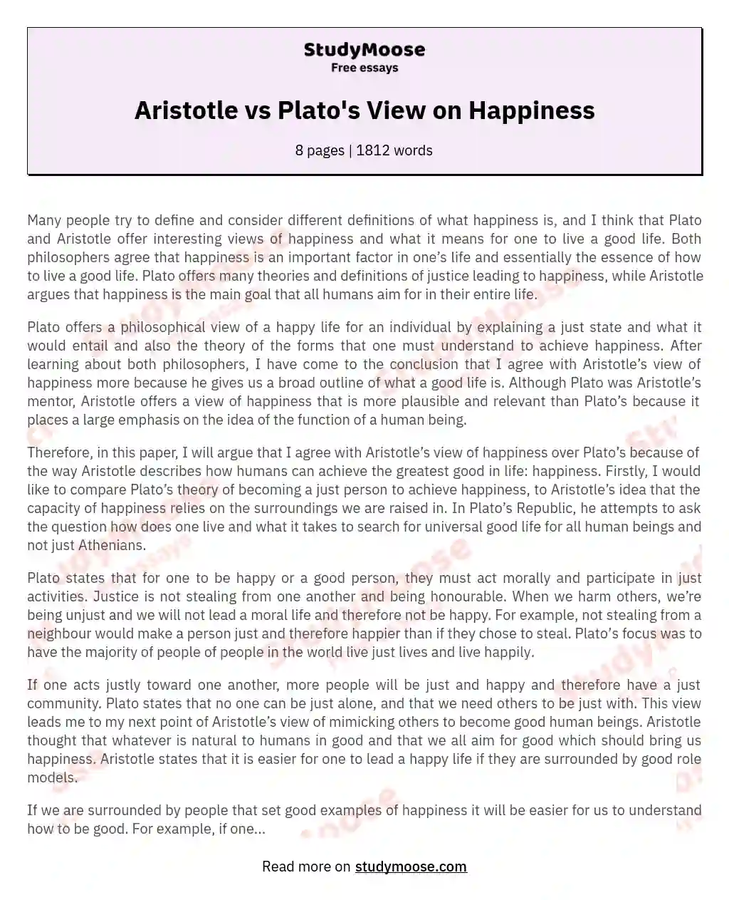 Comparison of Aristotle's and Plato's Perspectives on Happiness essay