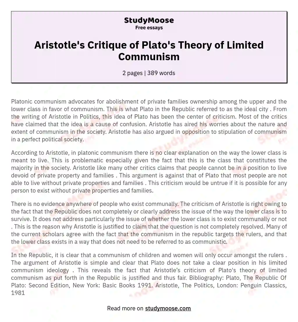 Aristotle's Critique of Plato's Theory of Limited Communism essay