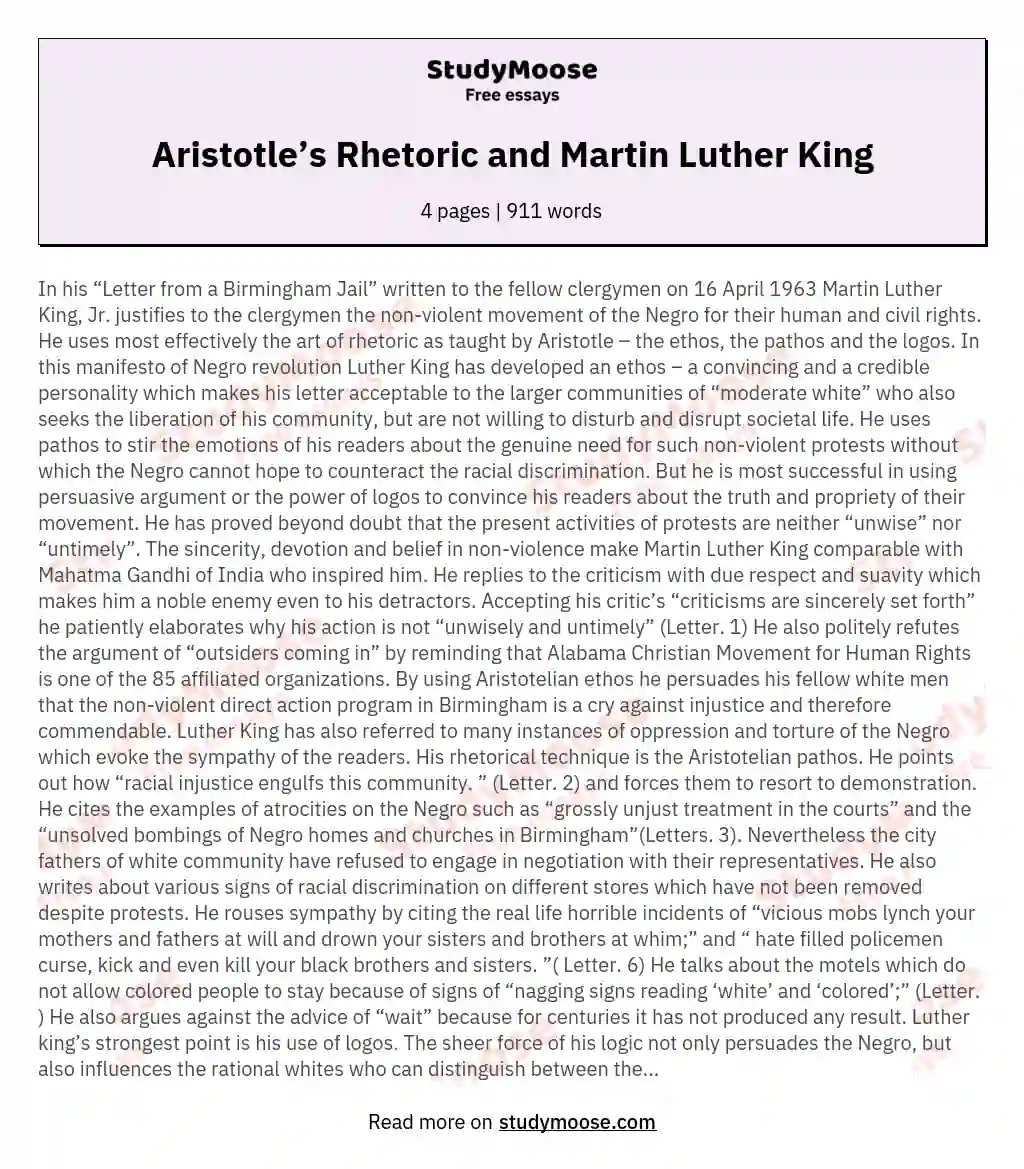 Aristotle’s Rhetoric and Martin Luther King essay