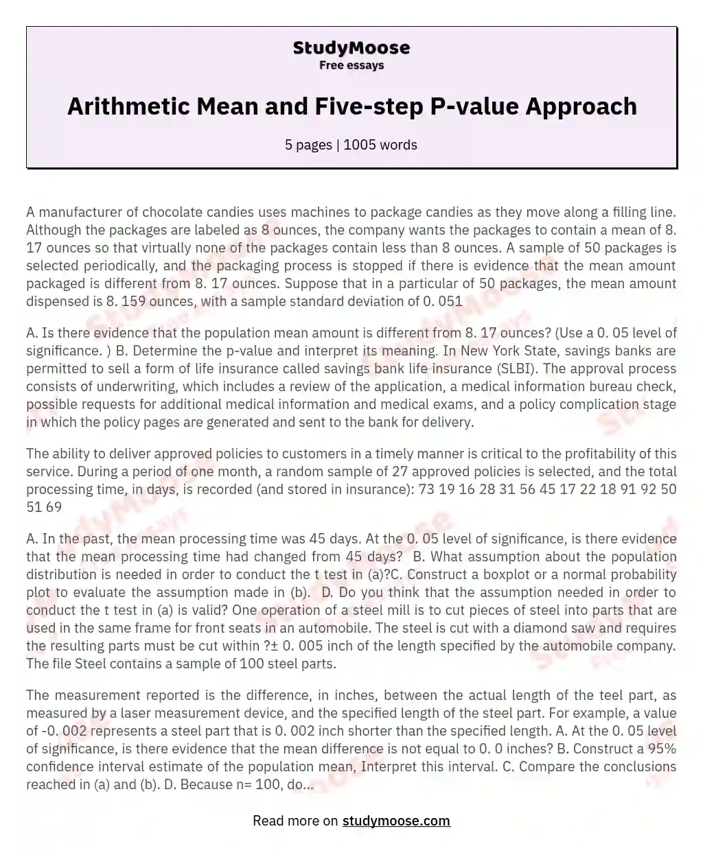 Arithmetic Mean and Five-step P-value Approach essay