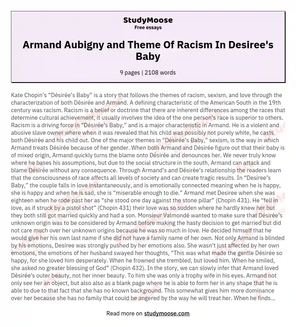 Armand Aubigny and Theme Of Racism In Desiree's Baby essay