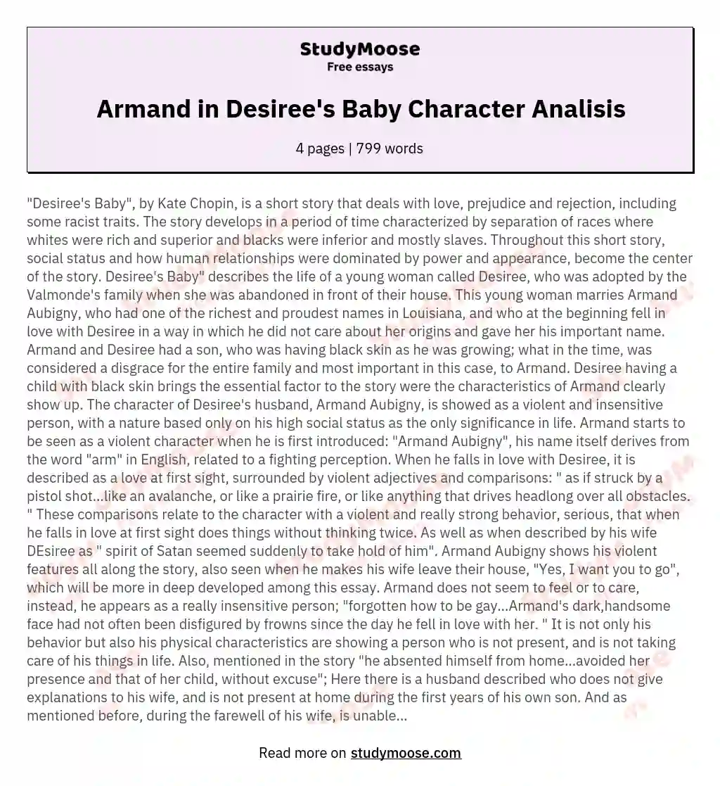 Exploring Armand Aubigny: A Character Analysis in 'Desiree's Baby essay