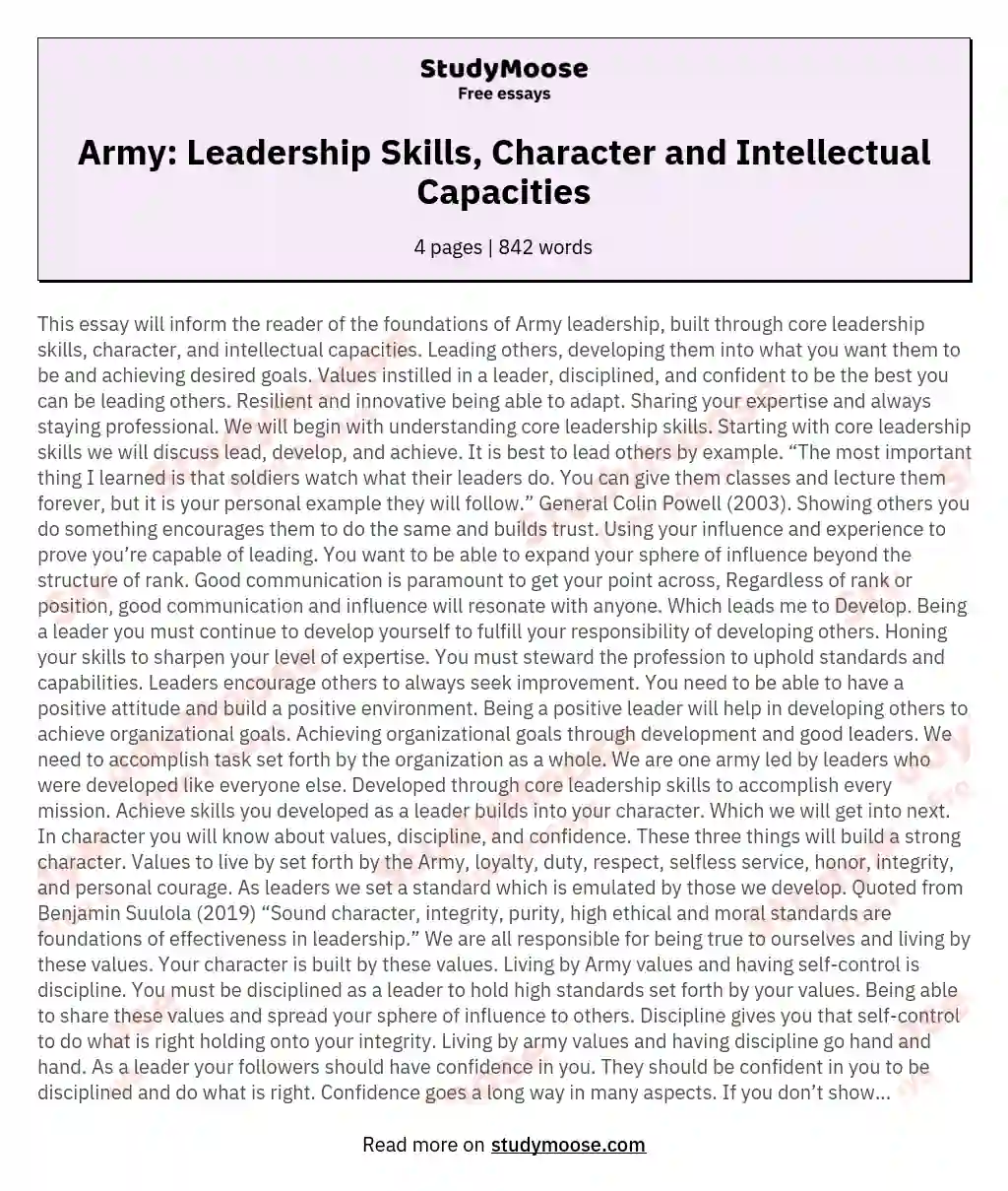 Army: Leadership Skills, Character and Intellectual Capacities essay