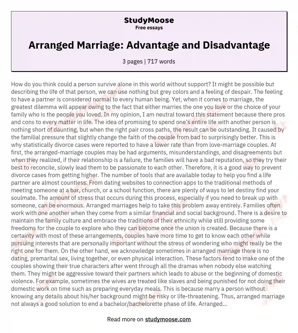 Arranged Marriage: Advantage and Disadvantage essay