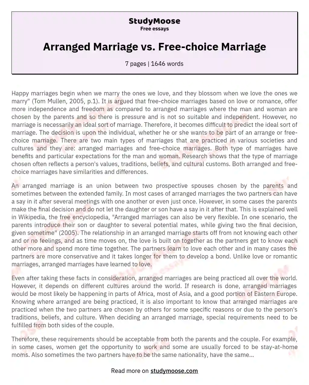 Arranged Marriage vs. Free-choice Marriage essay