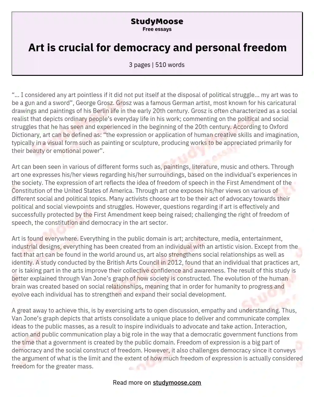 Art is crucial for democracy and personal freedom essay