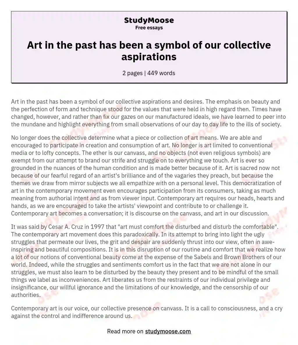 Art in the past has been a symbol of our collective aspirations essay