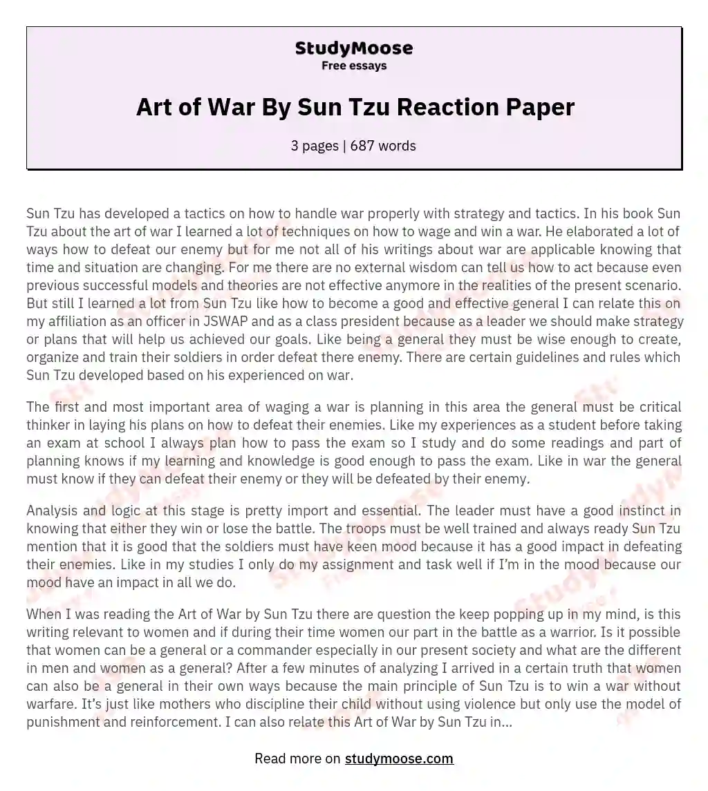 Art of War By Sun Tzu Reaction Paper essay