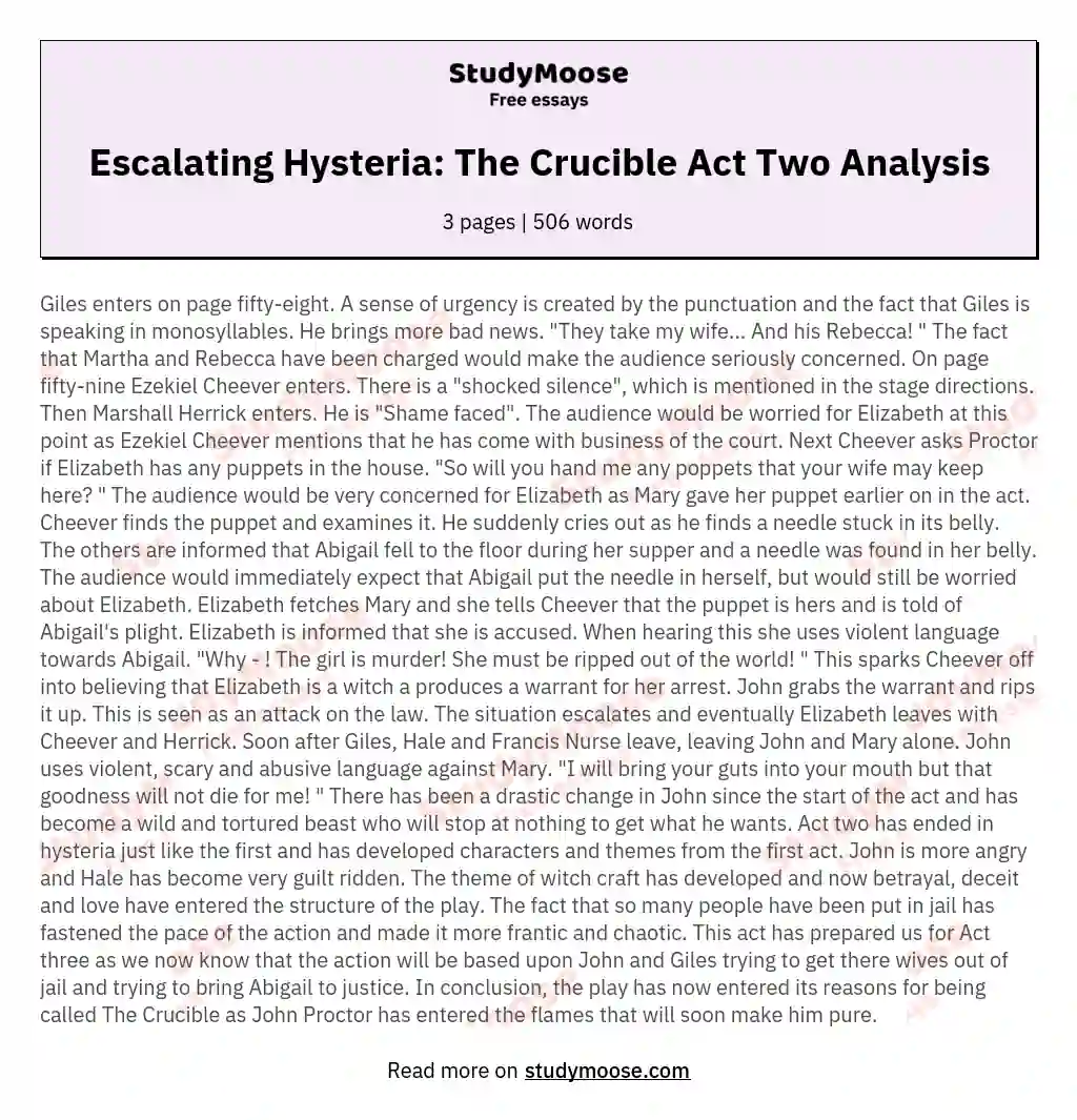Escalating Hysteria: The Crucible Act Two Analysis essay