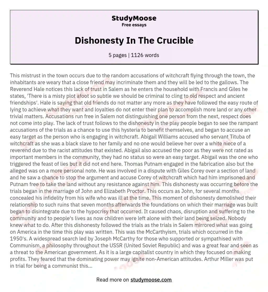 Dishonesty In The Crucible essay