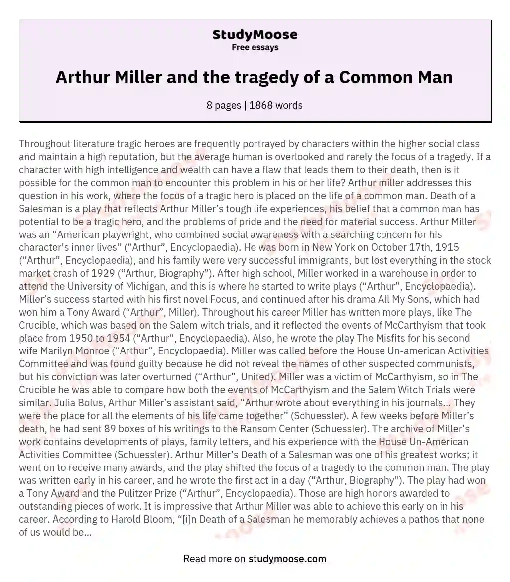 Arthur Miller and the tragedy of a Common Man  essay