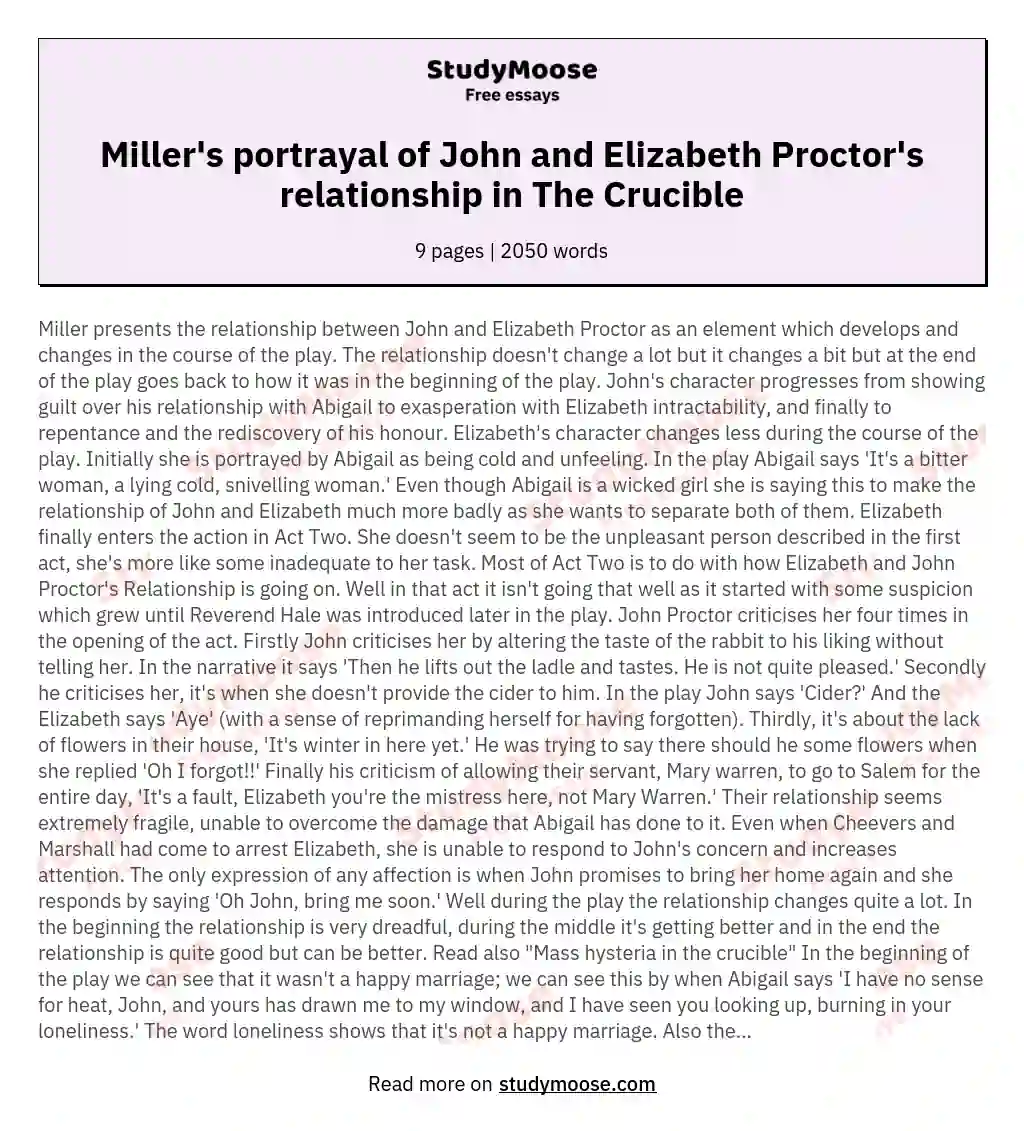 How does Arthur Miller present the relationship of John and Elizabeth Proctor in The Crucible?