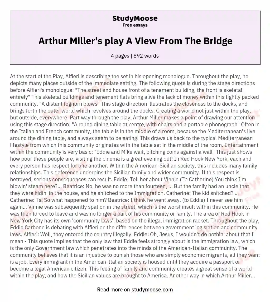 Arthur Miller's play A View From The Bridge