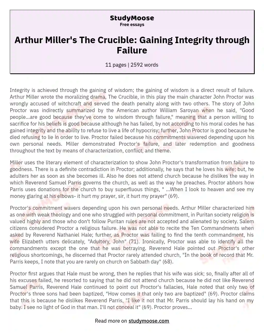 Arthur Miller's The Crucible: Gaining Integrity through Failure