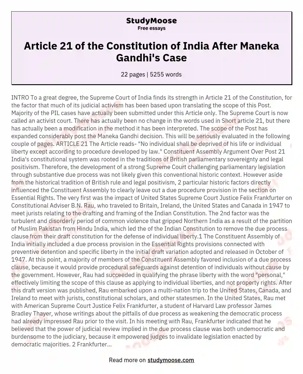 Article 21 of the Constitution of India After Maneka Gandhi's Case essay