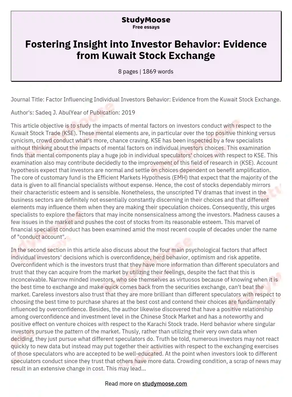 Fostering Insight into Investor Behavior: Evidence from Kuwait Stock Exchange essay