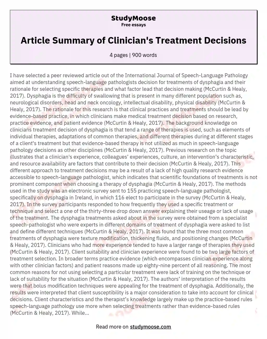Article Summary of  Clinician's Treatment Decisions essay