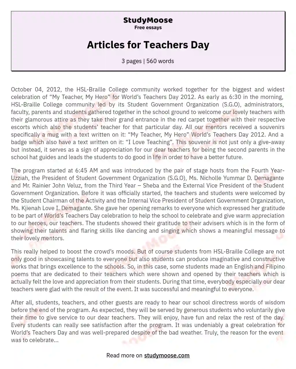 Articles for Teachers Day essay