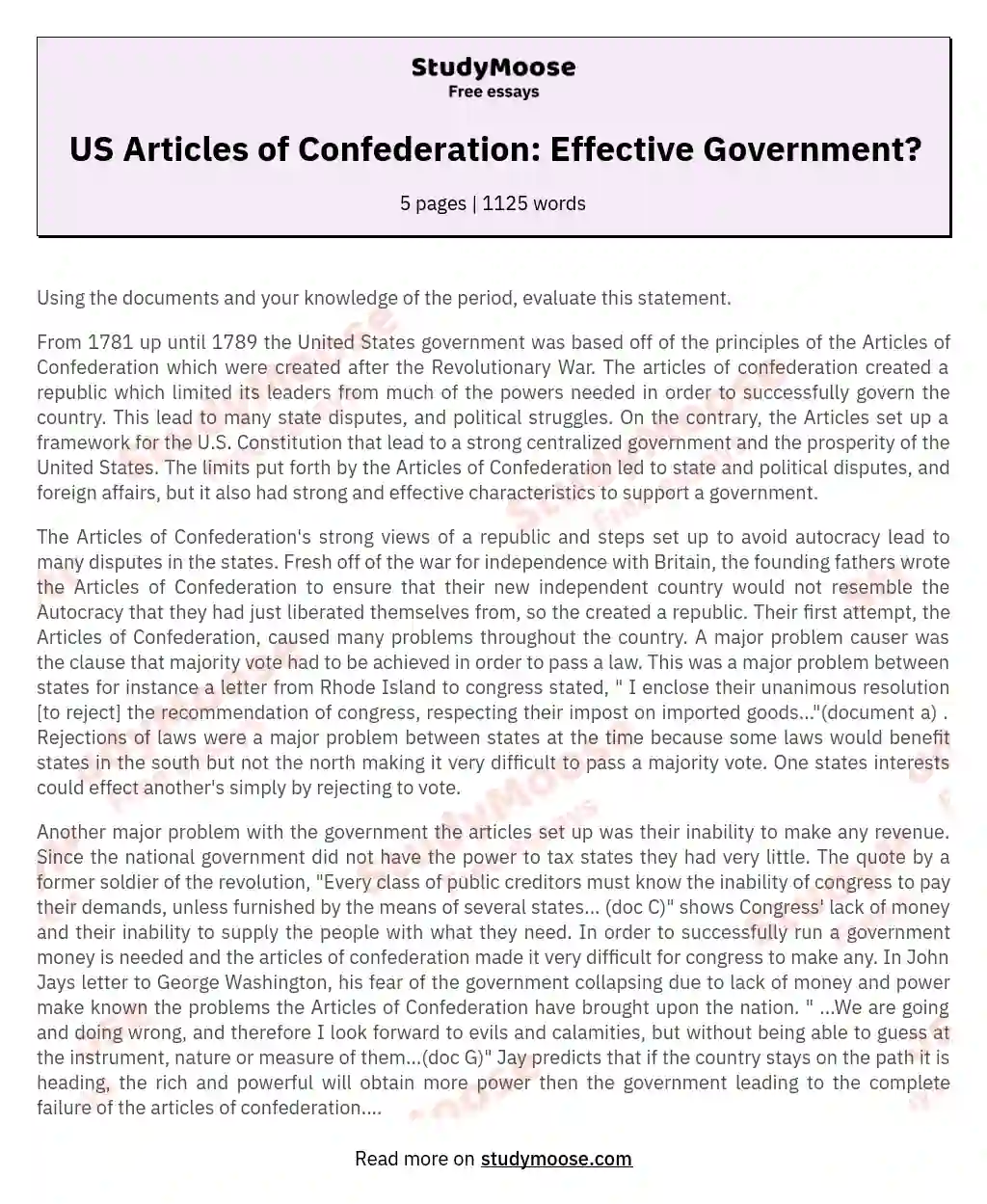 US Articles of Confederation: Effective Government? essay