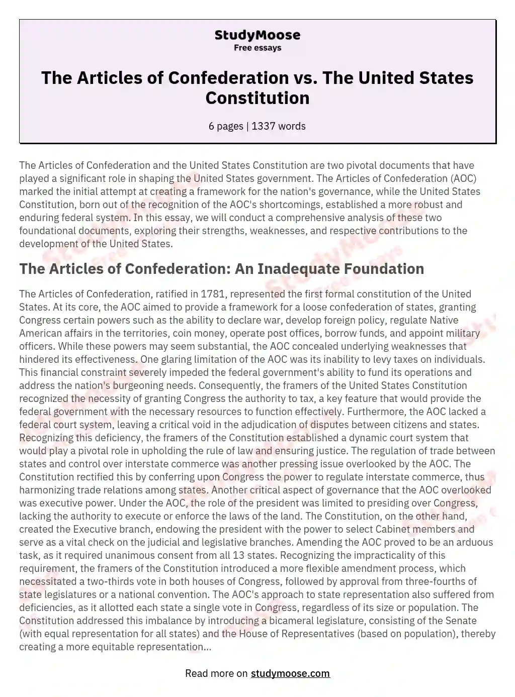 The Articles of Confederation vs. The United States Constitution essay