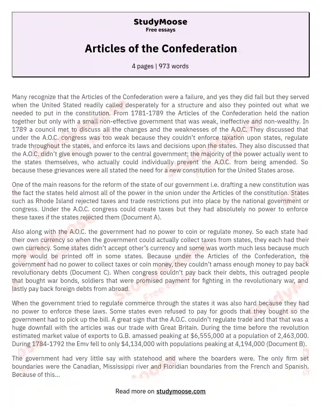 Articles of the Confederation essay