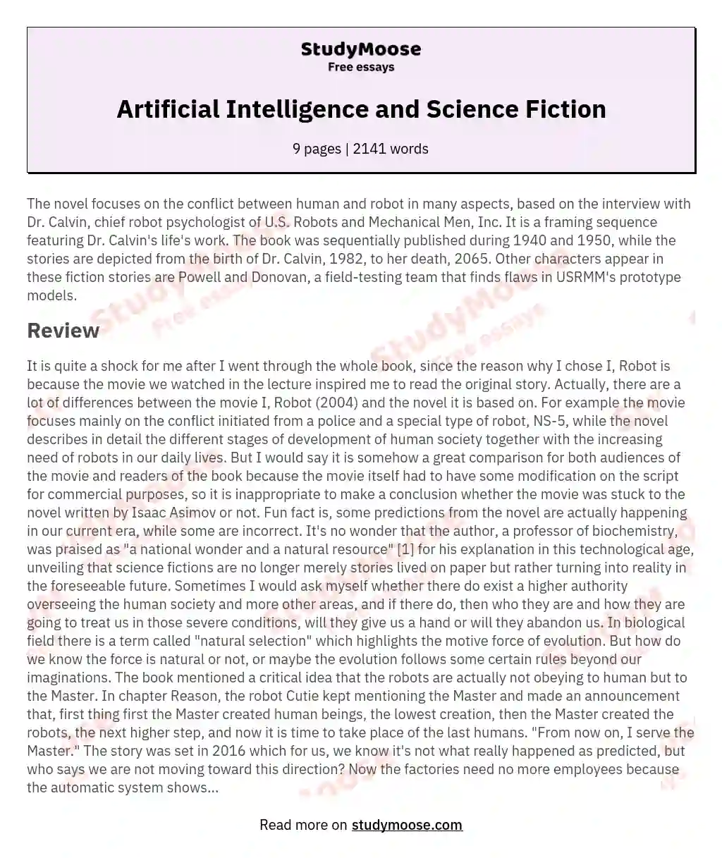 Artificial Intelligence and Science Fiction essay