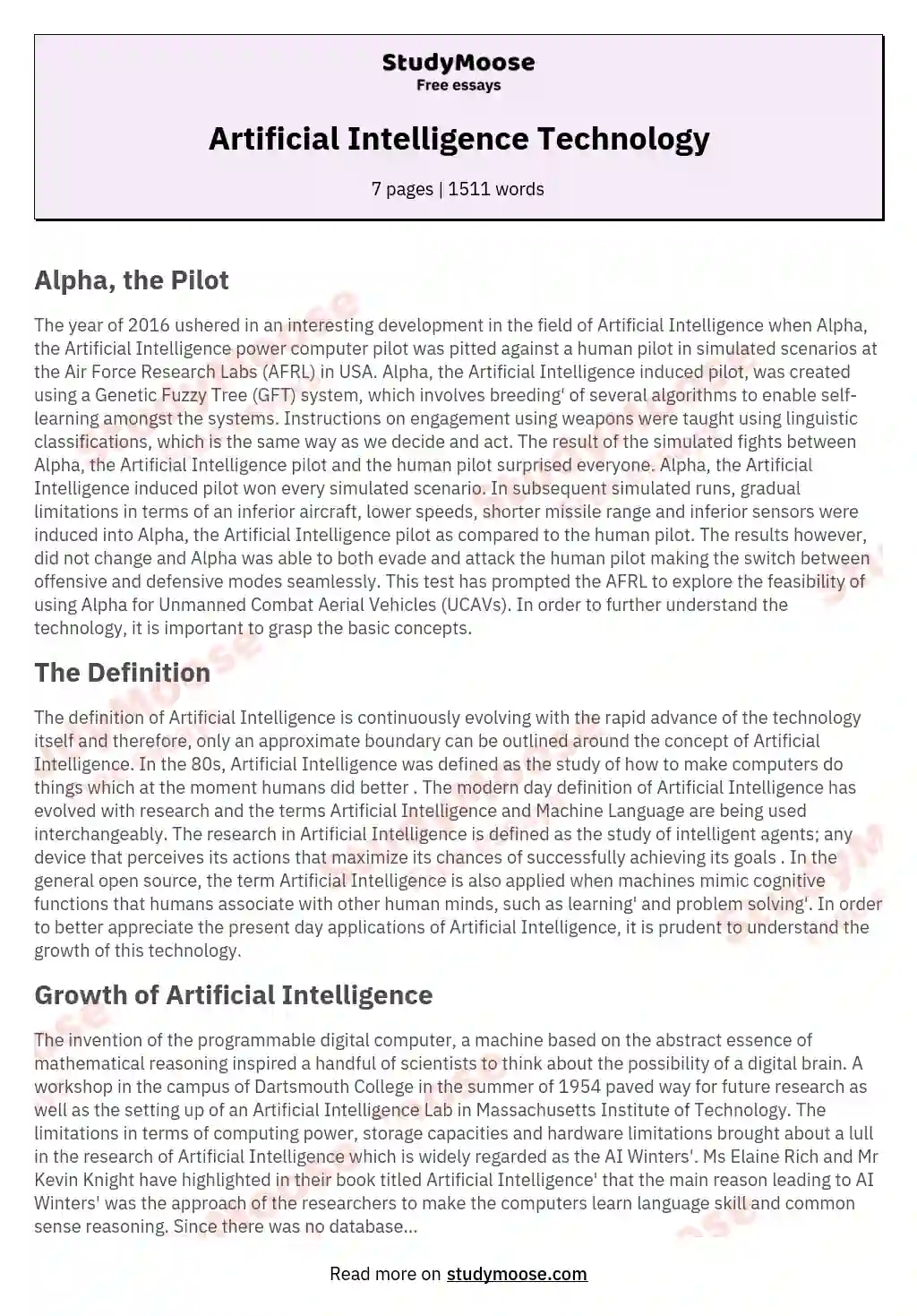 Artificial Intelligence Technology essay