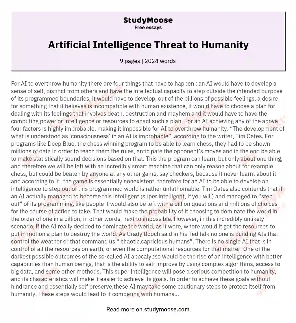Artificial Intelligence Threat to Humanity essay
