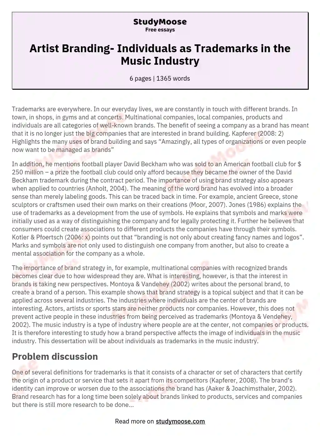 Artist Branding- Individuals as Trademarks in the Music Industry essay