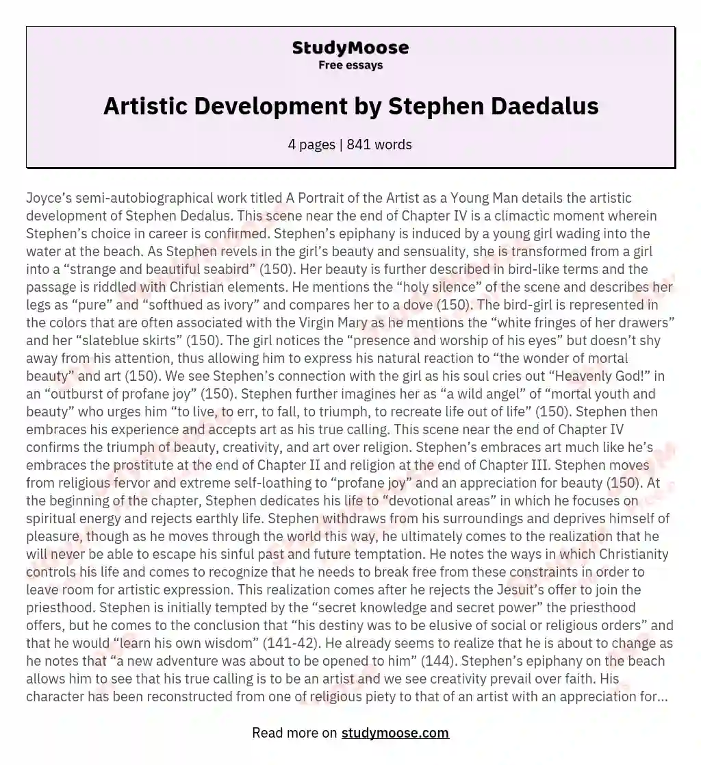 Artistic Development by Stephen Daedalus essay