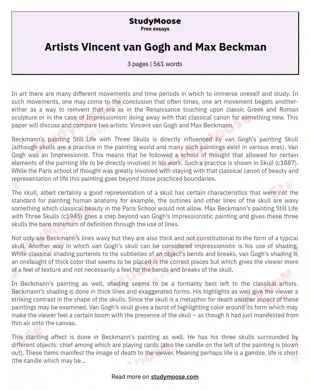 Artists Vincent van Gogh and Max Beckman essay