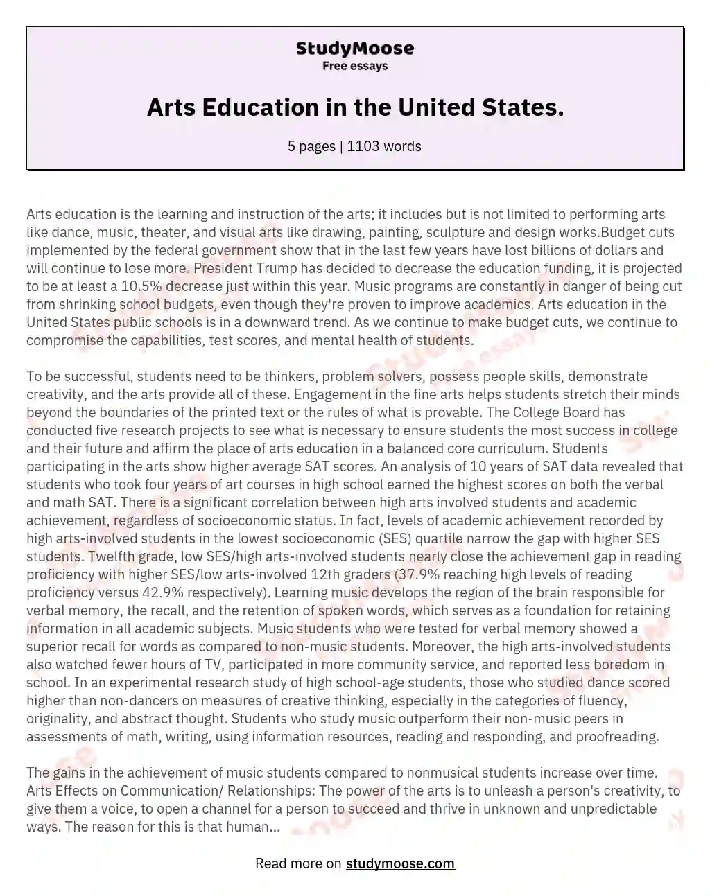 Arts Education in the United States. essay