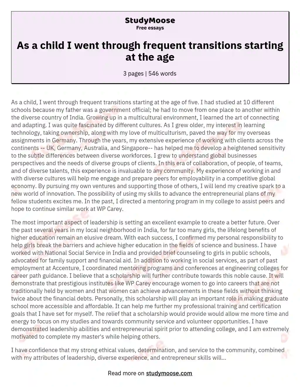 As a child I went through frequent transitions starting at the age essay