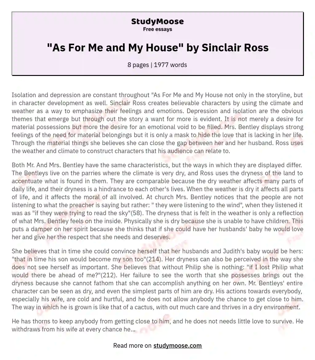 "As For Me and My House" by Sinclair Ross