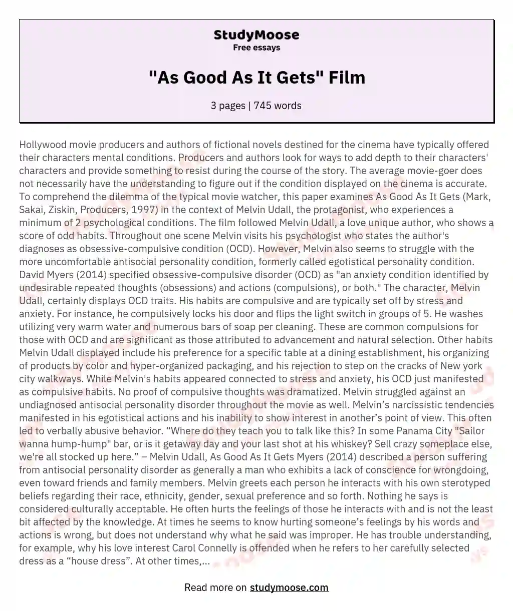 "As Good As It Gets" Film essay