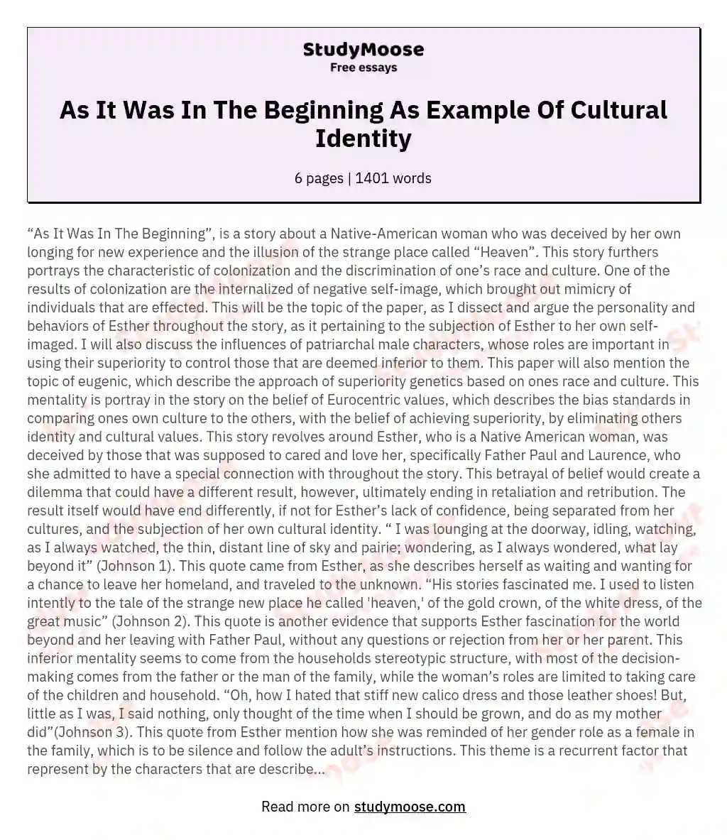 As It Was In The Beginning As Example Of Cultural Identity essay
