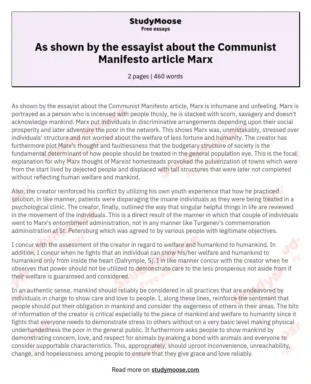 As shown by the essayist about the Communist Manifesto article Marx essay