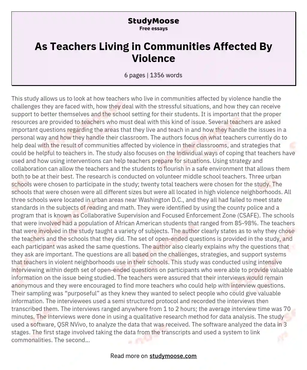 As Teachers Living in Communities Affected By Violence essay