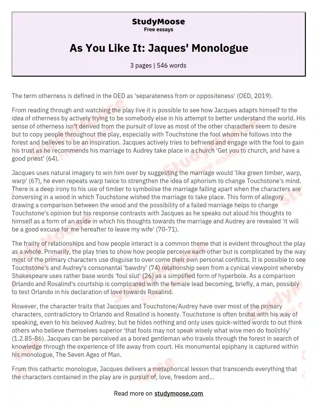 As You Like It: Jaques' Monologue essay