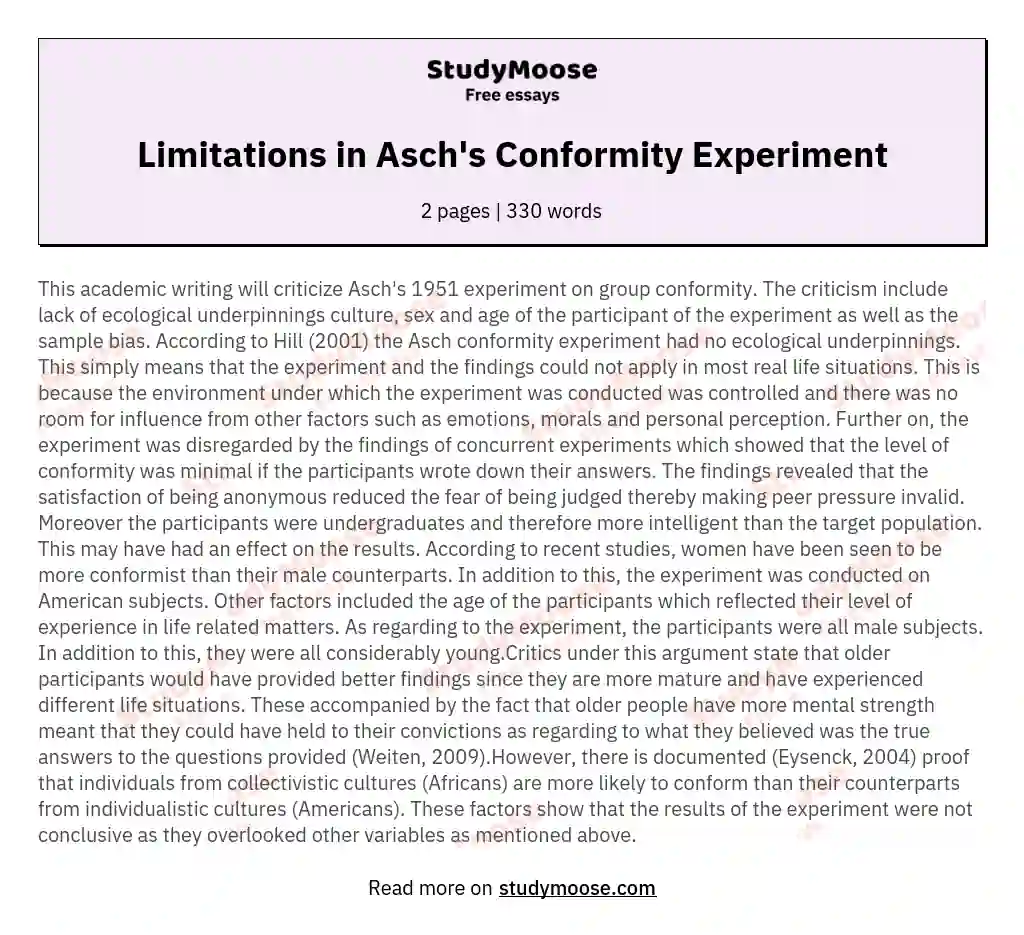 Limitations in Asch's Conformity Experiment essay
