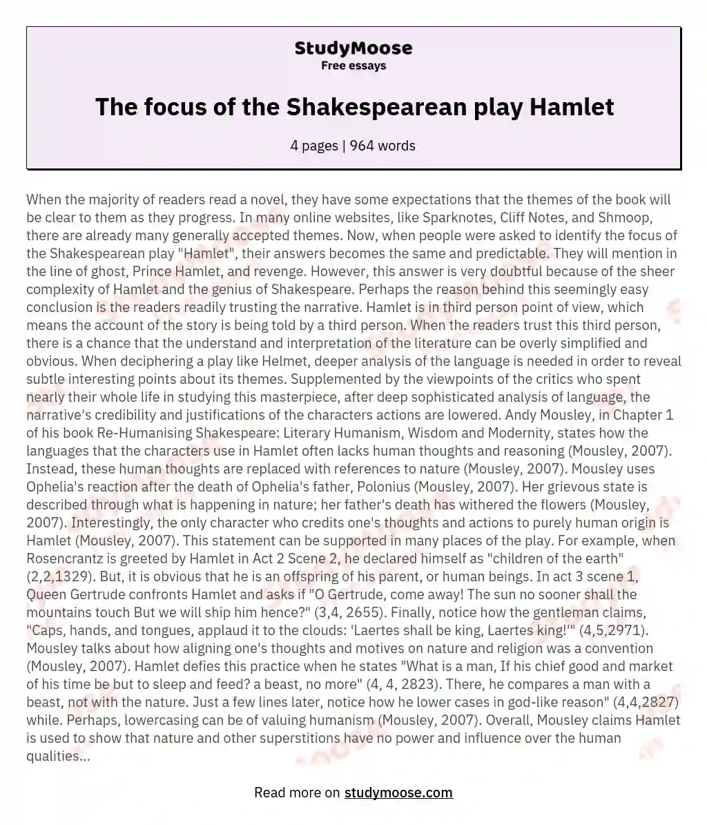 The focus of the Shakespearean play Hamlet essay