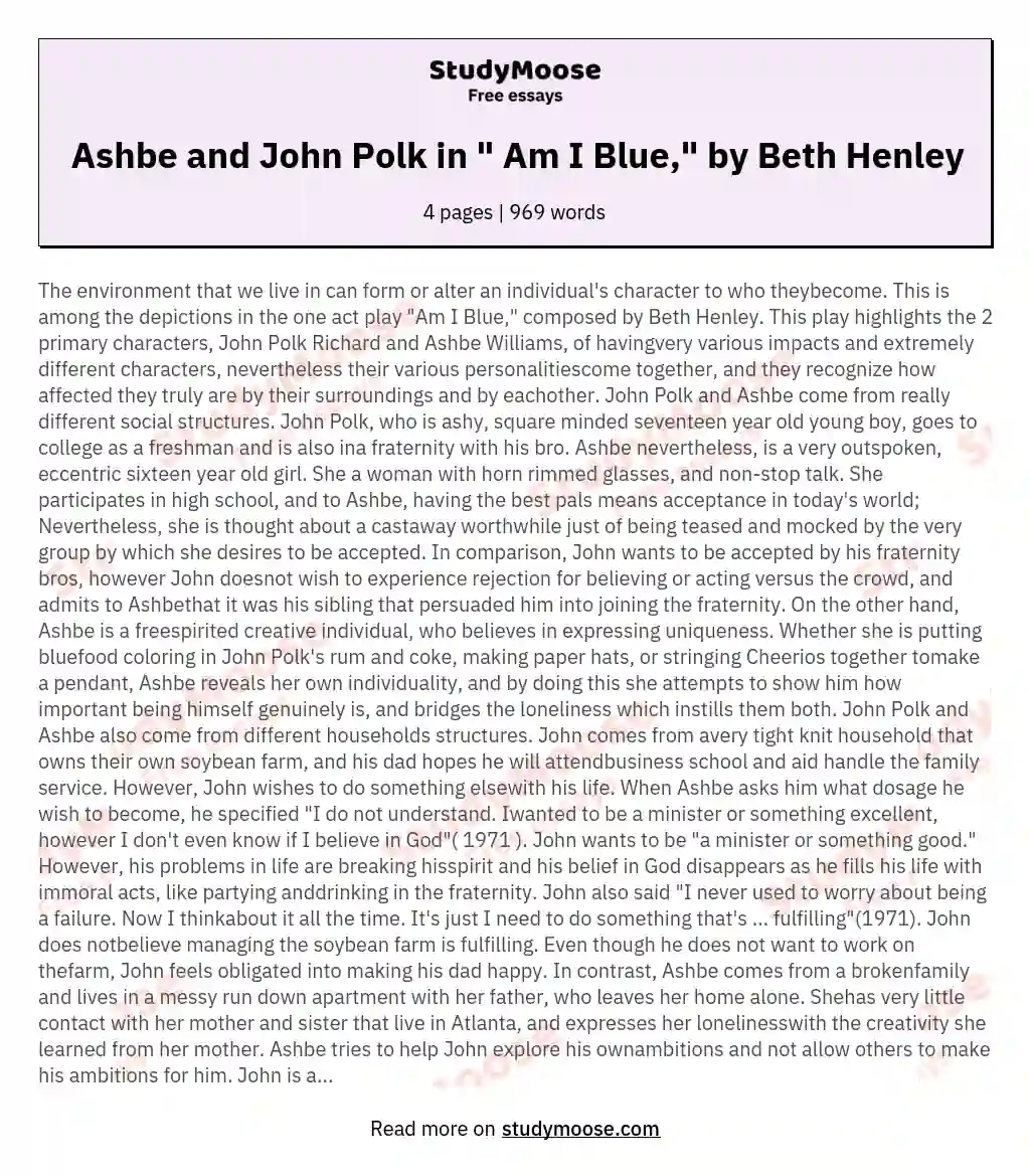 Ashbe and John Polk in " Am I Blue," by Beth Henley essay