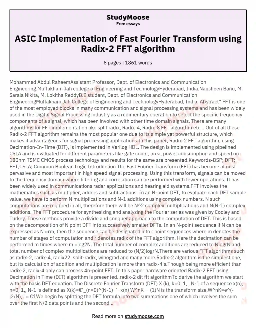 ASIC Implementation of Fast Fourier Transform using Radix-2 FFT algorithm essay