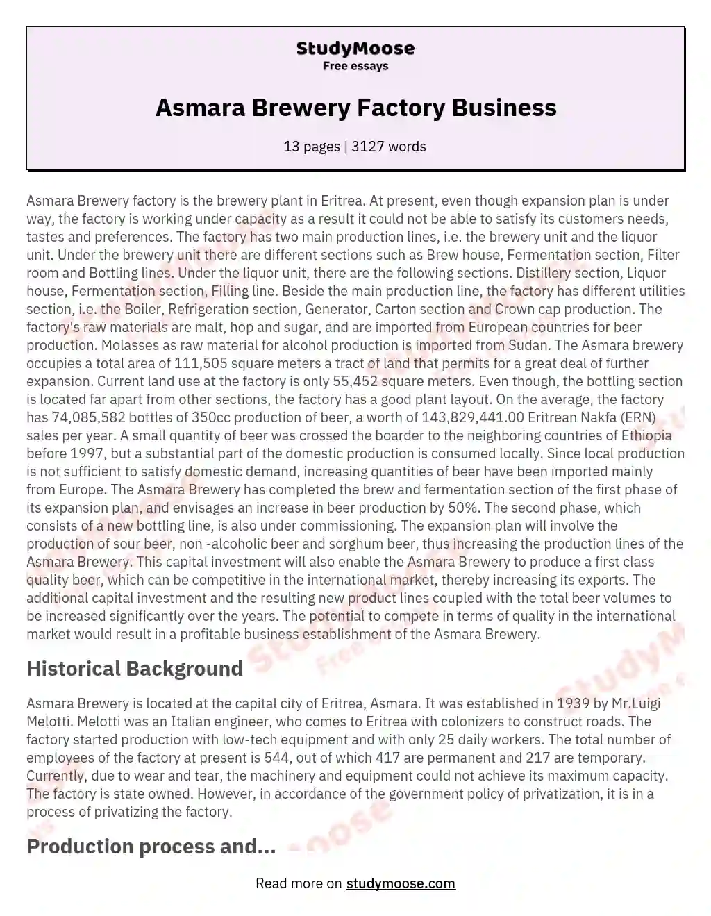 Asmara Brewery Factory Business essay